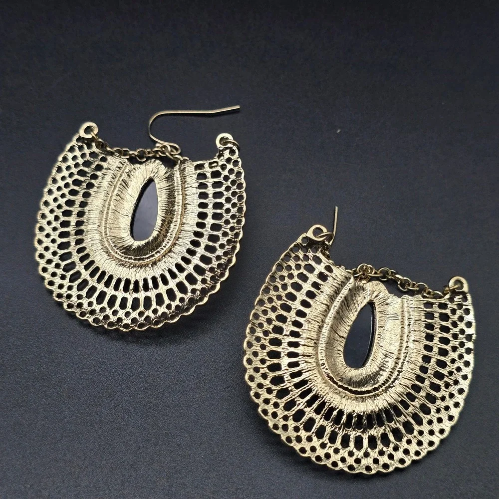 Blue Green Iridescent Earrings GOld Tone Statement Fan Shape